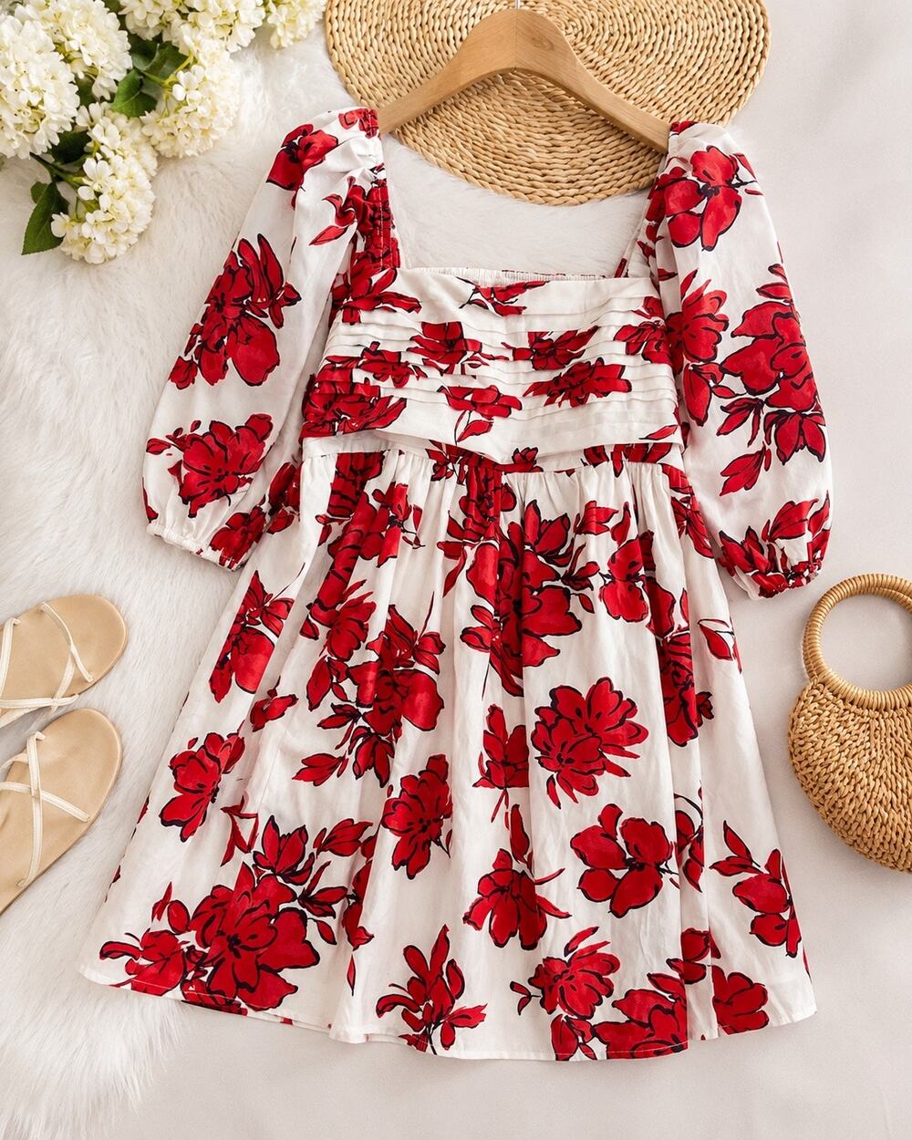 Abercrombie & Fitch Women's XL Red Floral Square Neck Puff Sleeve Mini Dress